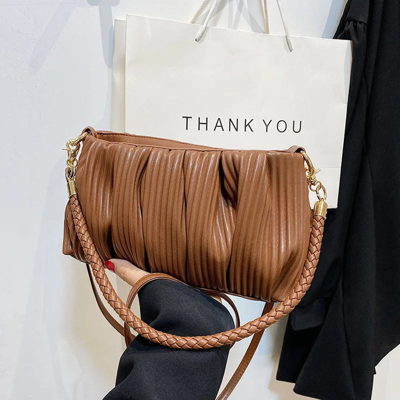 Pleated Handbag Women Pu Leather Crossbody Bag Shoulder Bag