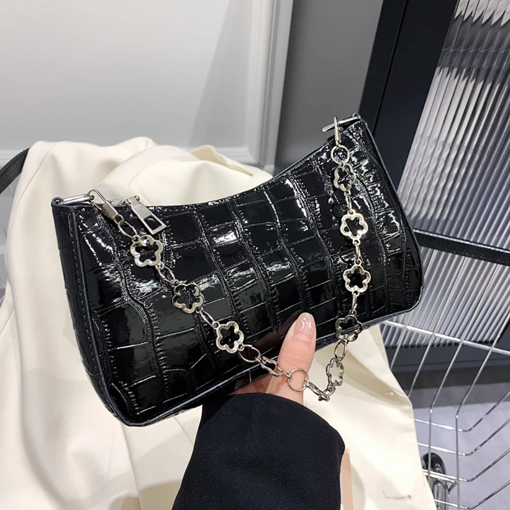 Stone Pattern Leather Women Underarm Shoulder Bags Flower Chain Handbag Tote