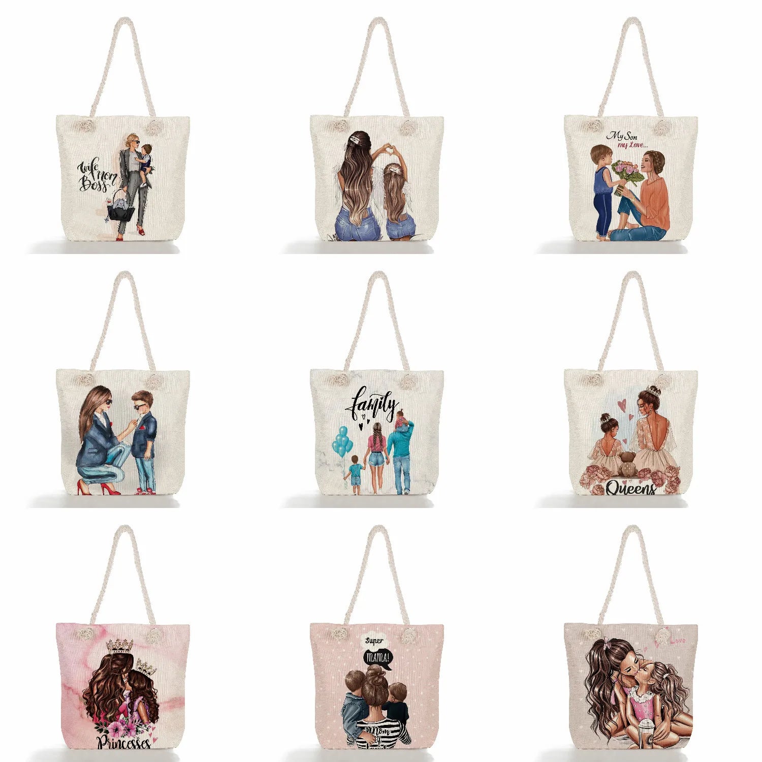 Cartoon Mom And Baby Print Shoulder Bag, Large Capacity Tote for Women