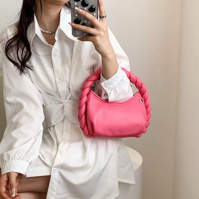 Woman Weave Handle Handbag Leather Clutch Purse Small Shoulder Bag