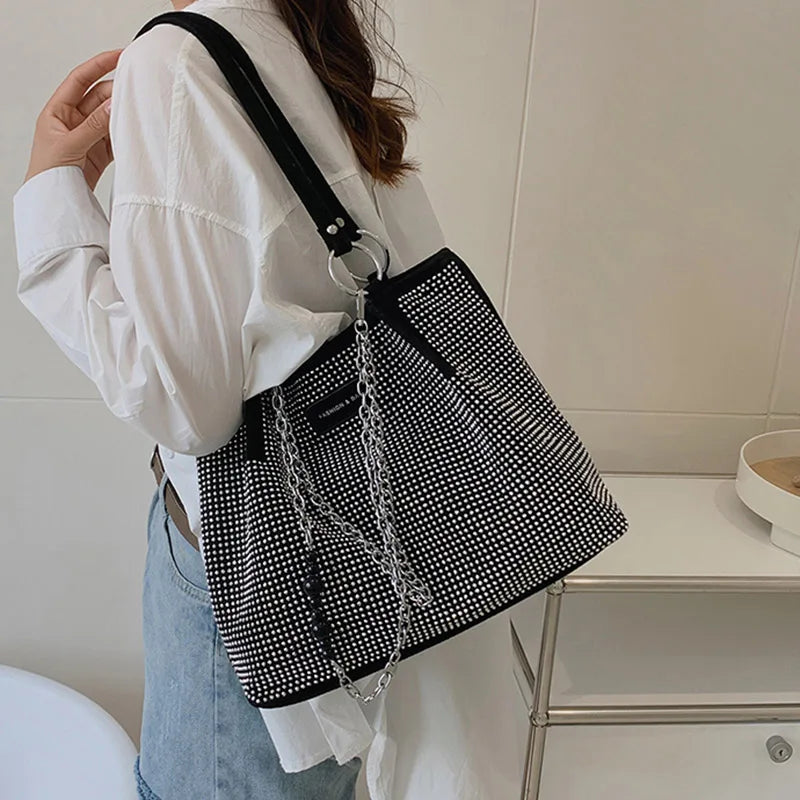 Women Bling Diamonds Handbag Large Capacity PU Leather Big Totes