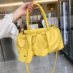 Women Large Capacity Fold Handbags Ladies Yellow Pu Leather Shoulder Bags