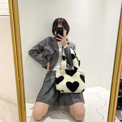 Heart Print Plush Shoulder Bag Winter Large Tote Handbag Women