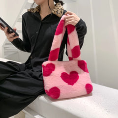 Heart Print Plush Shoulder Bag Winter Large Tote Handbag Women