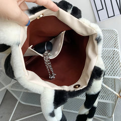 Heart Print Plush Shoulder Bag Winter Large Tote Handbag Women