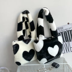 Heart Print Plush Shoulder Bag Winter Large Tote Handbag Women