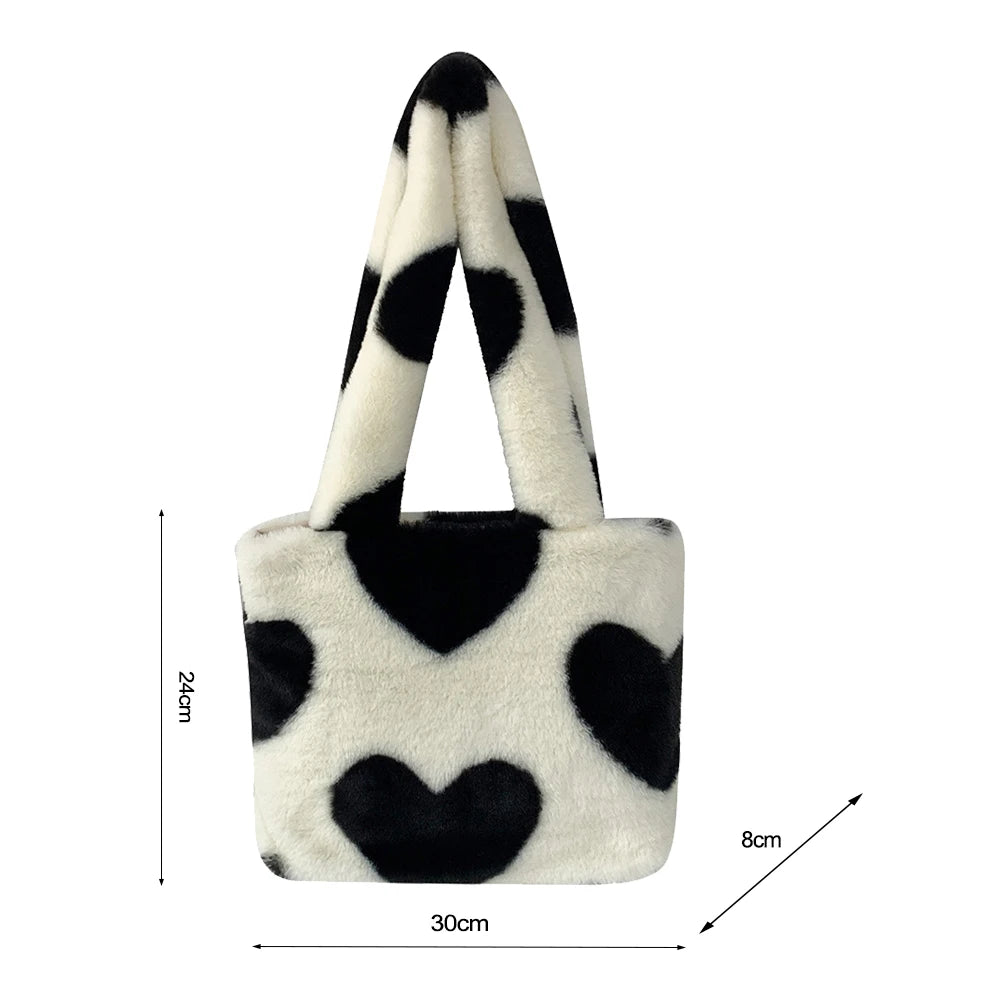 Heart Print Plush Shoulder Bag Winter Large Tote Handbag Women