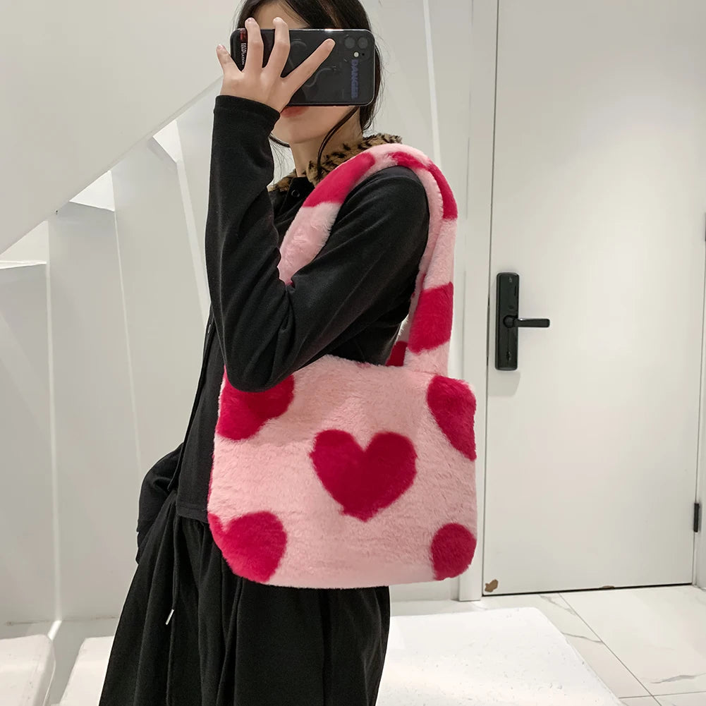 Heart Print Plush Shoulder Bag Winter Large Tote Handbag Women