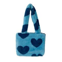 Heart Print Plush Shoulder Bag Winter Large Tote Handbag Women