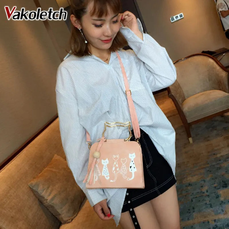 Cartoon Cats Print Crossbody Bag for Women PU Leather Shoulder Bag K96