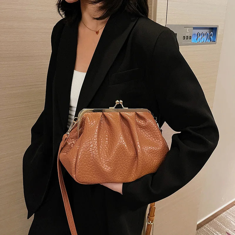 Women Pleated Shell Clip Crossbody Bag Soft PU Leather Handbag Shoulder Bag