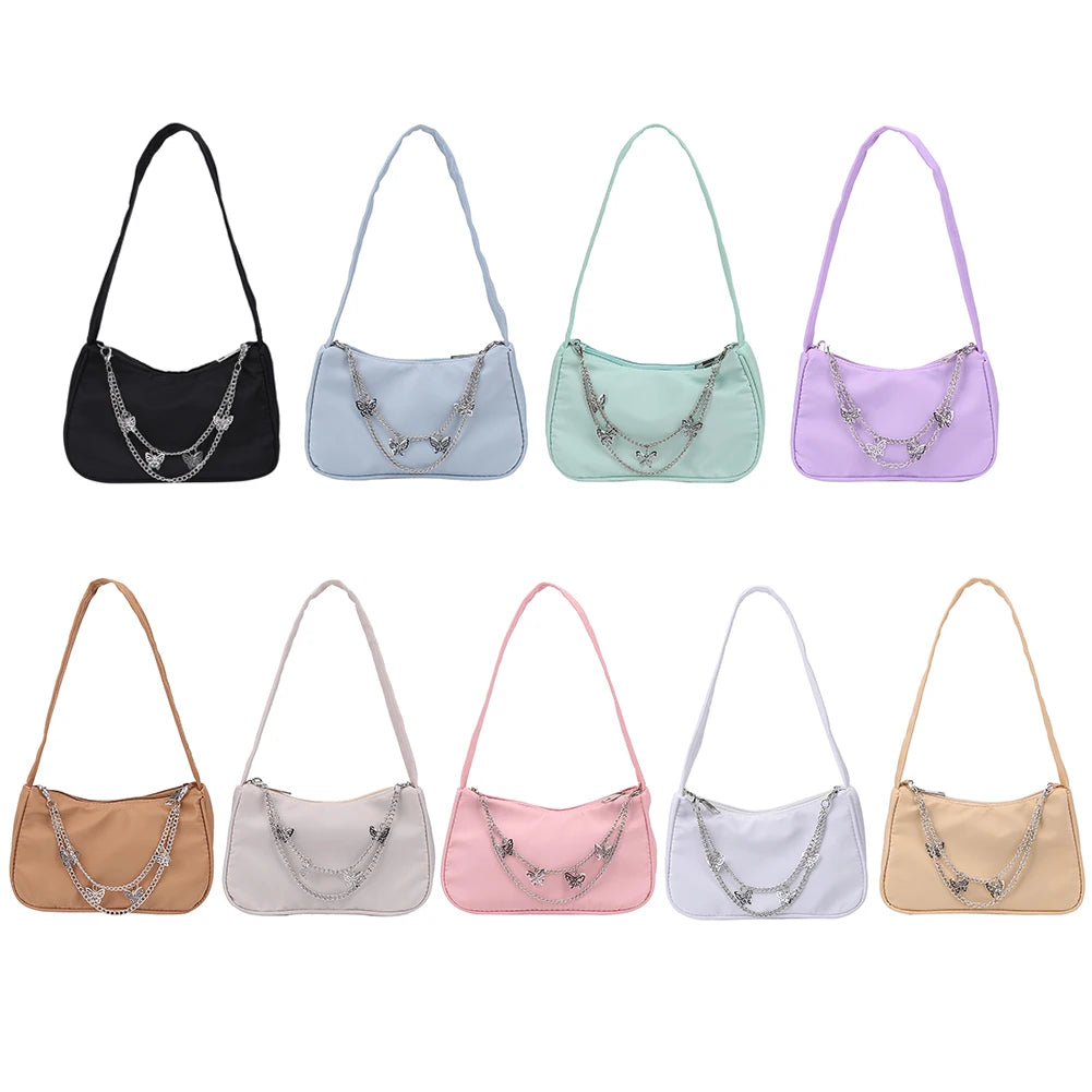 Women Small Shoulder Bag PU Leather & Nylon Vintage Butterfly Chain Mini Purse