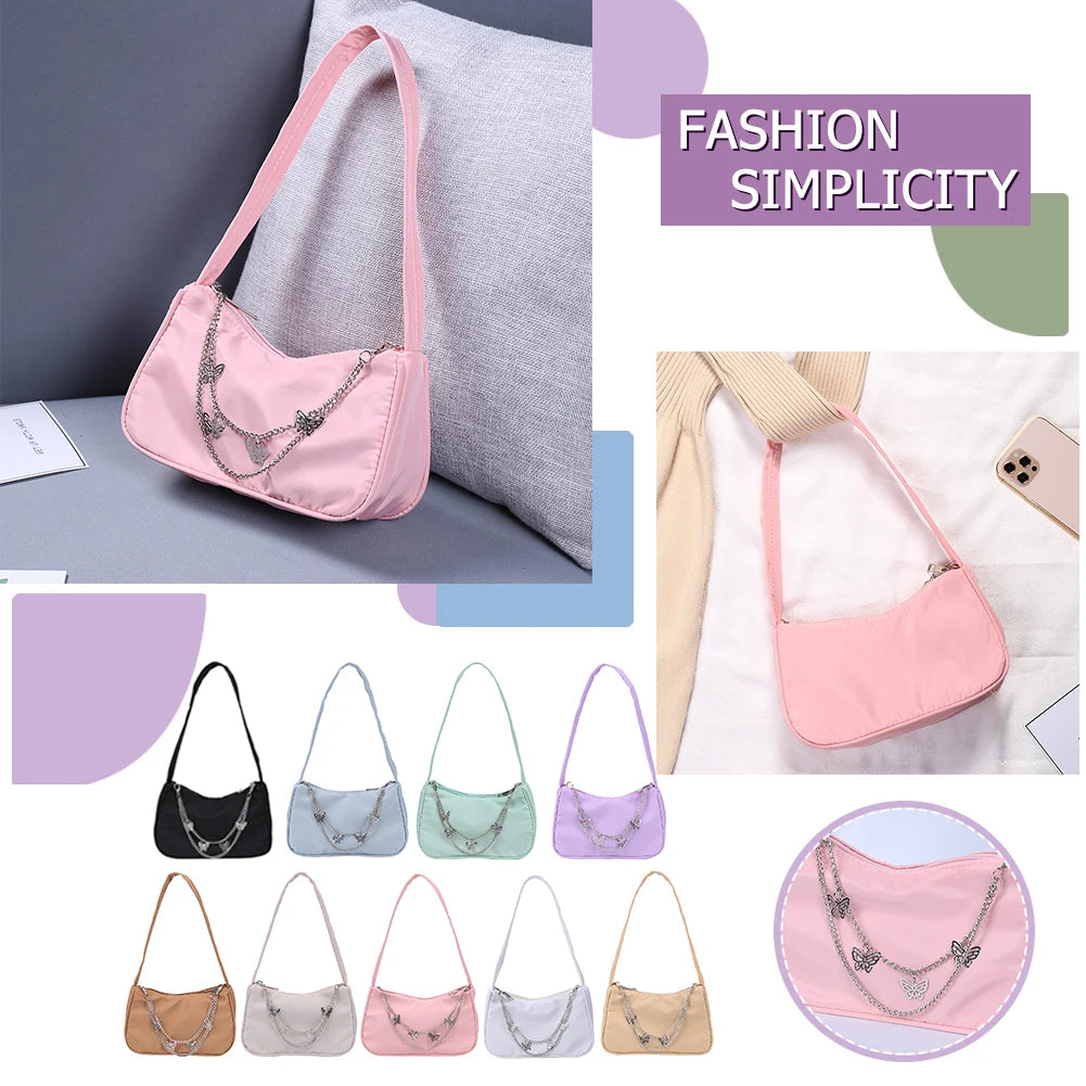 Women Small Shoulder Bag PU Leather & Nylon Vintage Butterfly Chain Mini Purse