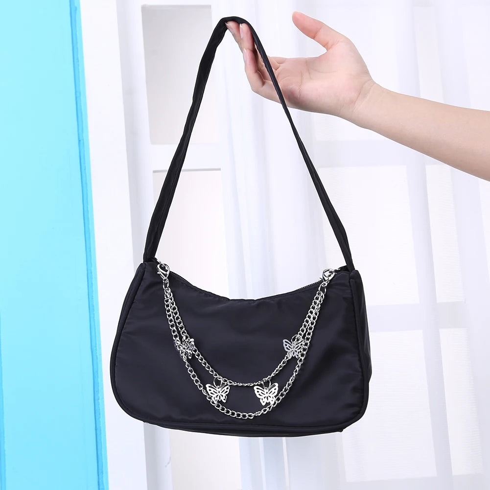 Women Small Shoulder Bag PU Leather & Nylon Vintage Butterfly Chain Mini Purse