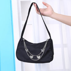 Women Small Shoulder Bag PU Leather & Nylon Vintage Butterfly Chain Mini Purse