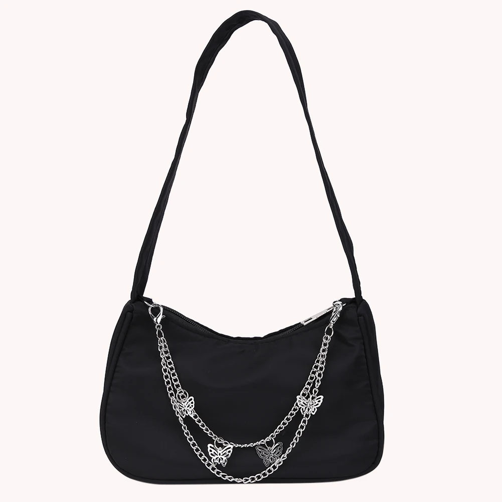 Women Small Shoulder Bag PU Leather & Nylon Vintage Butterfly Chain Mini Purse