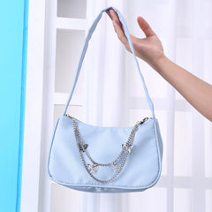 Women Small Shoulder Bag PU Leather & Nylon Vintage Butterfly Chain Mini Purse