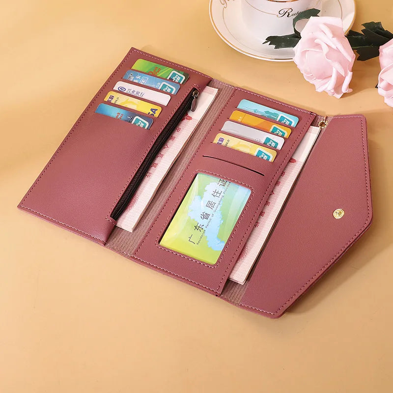 Women Zipper Clutch Wallet Soft PU Leather Red Gray
