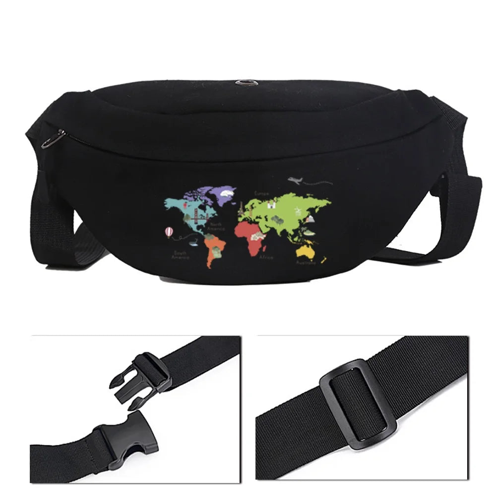 Women's Canvas Travel Bag Map Pattern Shoulder Chest Waist Messenger Bag