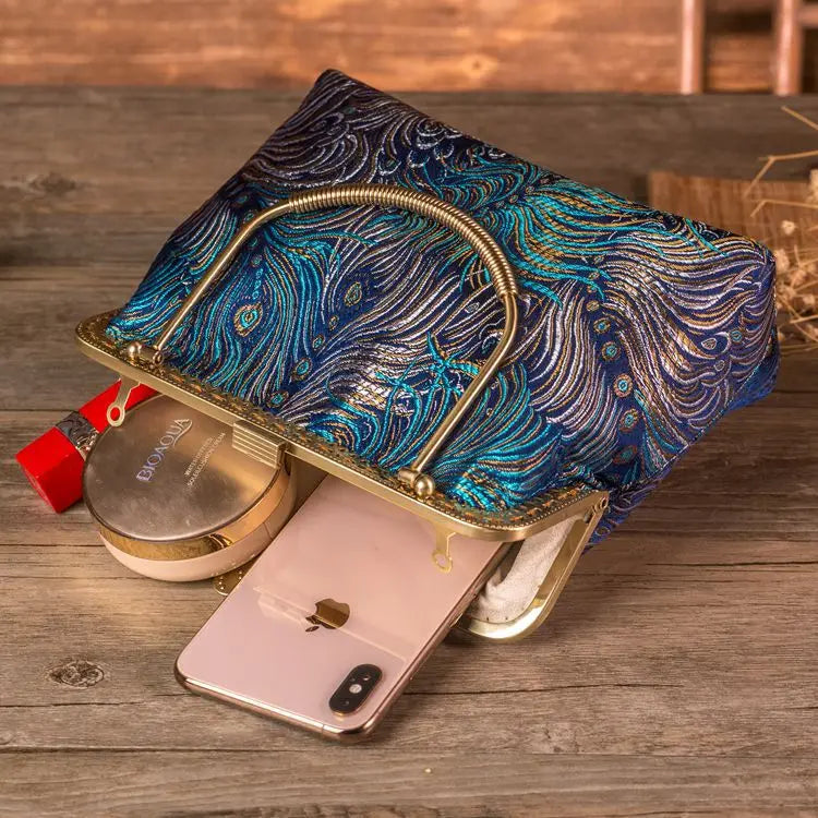 Fem. Satin Peacock Hanfu Sling Bag Chin. Kisslock Shoulder