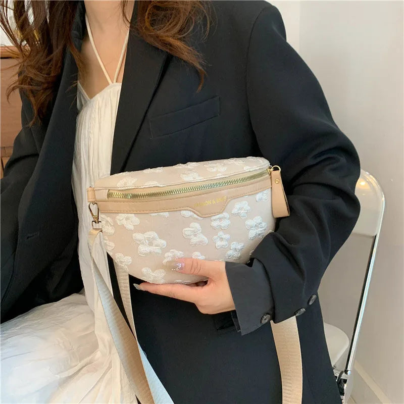 Floral Soft Fabric Waist Bag Fanny Packs For Women Beaded Casual Waist Pack