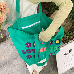 Flower Letter Embroidery Shoulder Bags Canvas Tote Bags