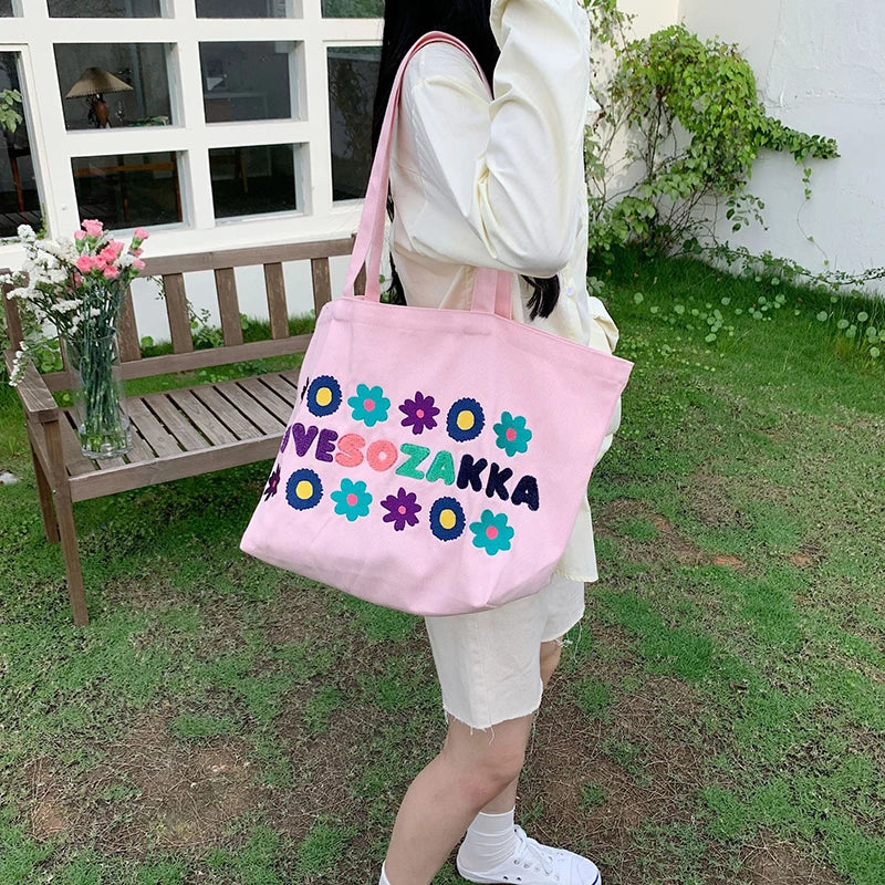 Flower Letter Embroidery Shoulder Bags Canvas Tote Bags