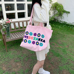 Flower Letter Embroidery Shoulder Bags Canvas Tote Bags