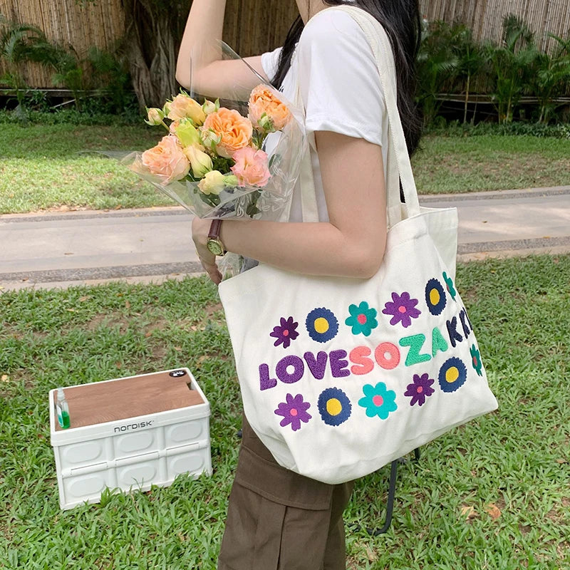 Flower Letter Embroidery Shoulder Bags Canvas Tote Bags