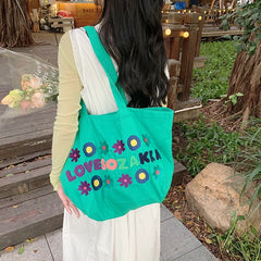 Flower Letter Embroidery Shoulder Bags Canvas Tote Bags