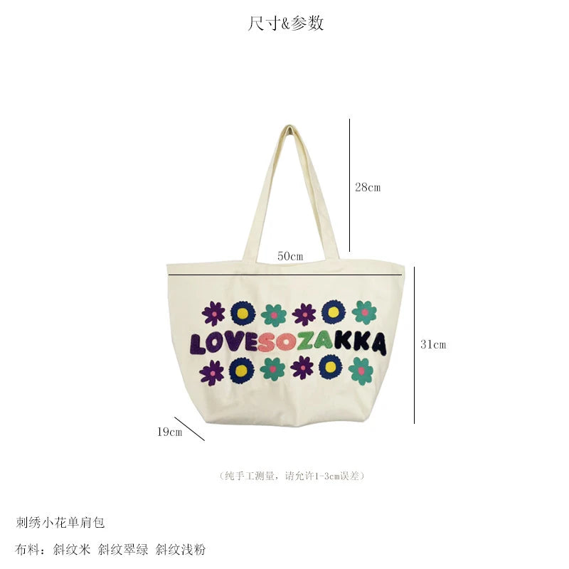 Flower Letter Embroidery Shoulder Bags Canvas Tote Bags