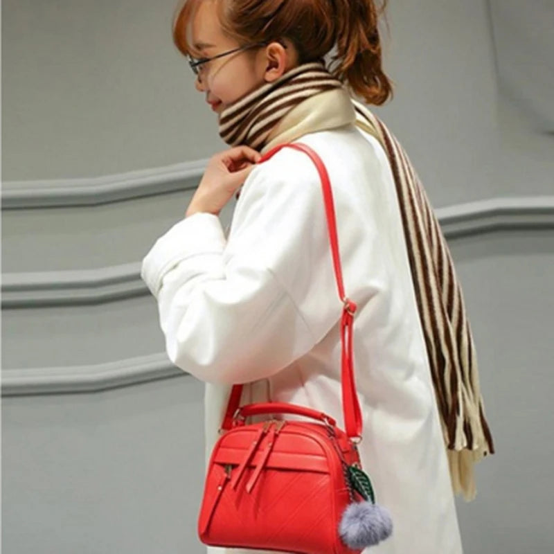 Girl Messenger Bags with Fair Ball Tassel PU Leather Handbag for Women