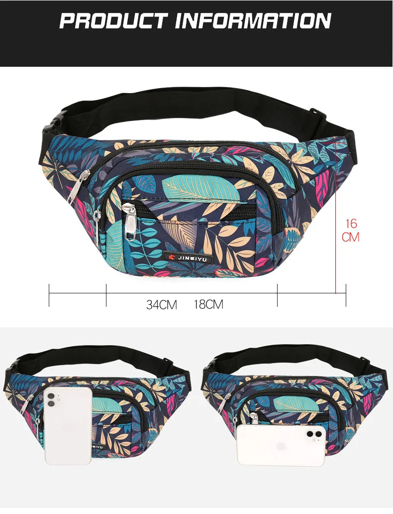 Leaf Printed Waist Bags Large Capacity Fanny Pack Men Women Canvas