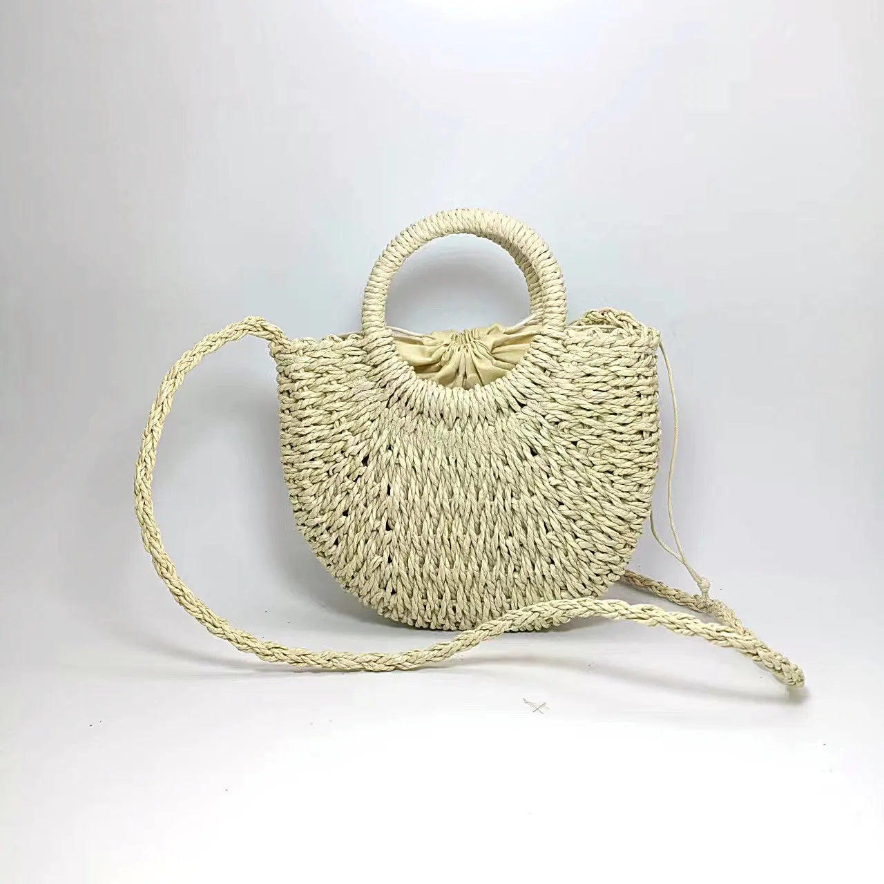 Women Beach Weaving Straw Bag Moon Shaped Top Handle Handbags Totes