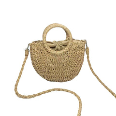 Women Beach Weaving Straw Bag Moon Shaped Top Handle Handbags Totes