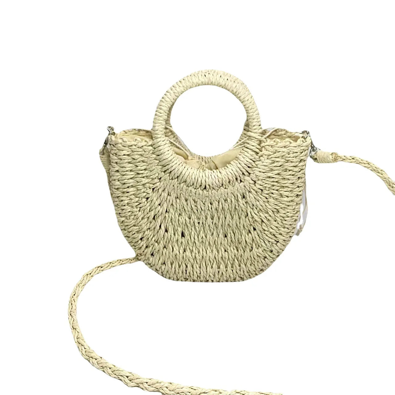 Women Beach Weaving Straw Bag Moon Shaped Top Handle Handbags Totes