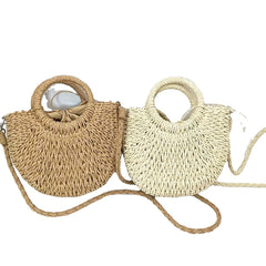 Women Beach Weaving Straw Bag Moon Shaped Top Handle Handbags Totes