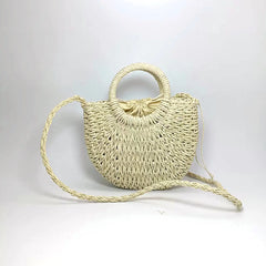 Women Beach Weaving Straw Bag Moon Shaped Top Handle Handbags Totes
