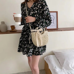 Half-Round Rattan Woven Straw Bag Summer Women Messenger Crossbody Bags