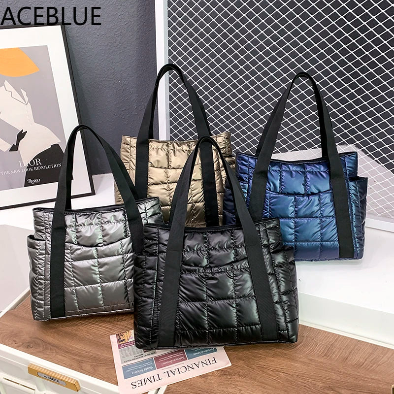 Winter Textured Padded Duffel Bag Plaid Shoulder Bags Nylon Handbags
