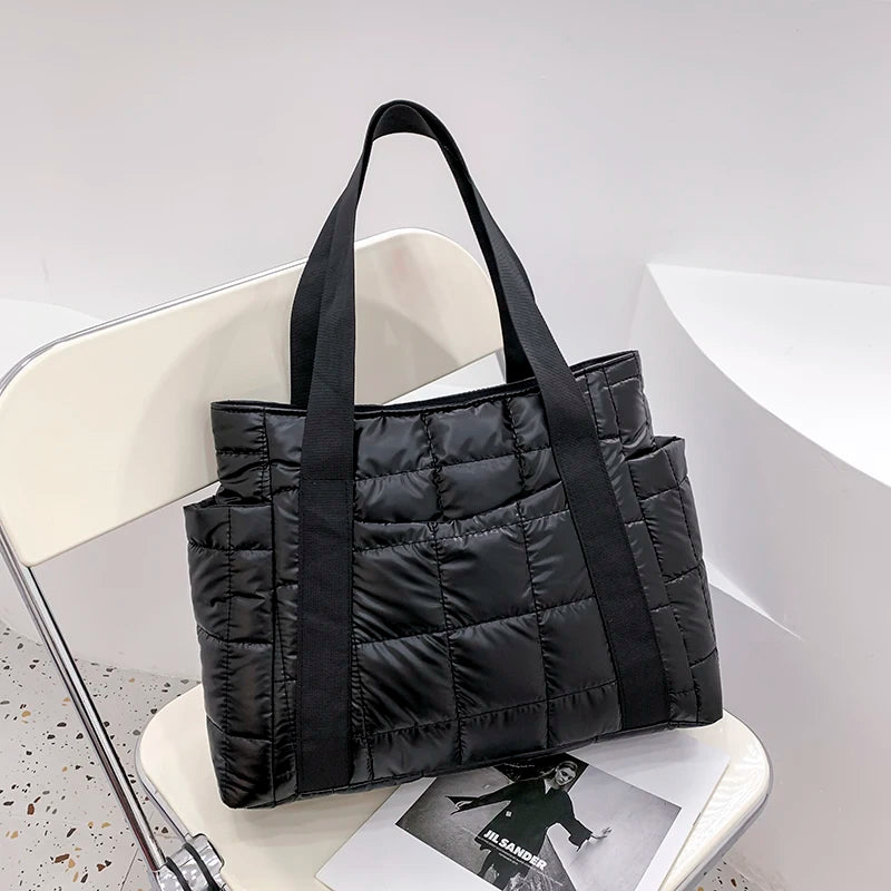 Winter Textured Padded Duffel Women Bag Nylon Big Totes Plaid Shoulder Bags