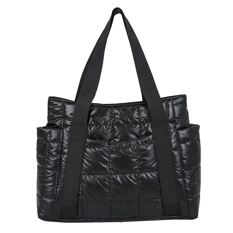Winter Textured Padded Duffel Women Bag Nylon Big Totes Plaid Shoulder Bags