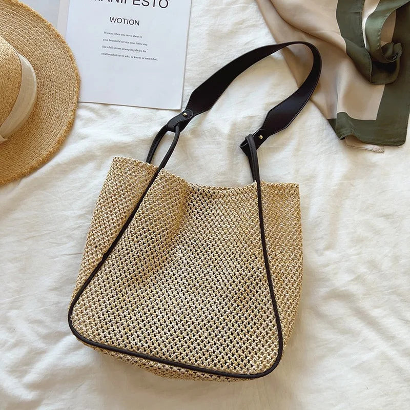 Summer Women's Woven Underarm Bag Bucket Straw Woven Beach Handbag
