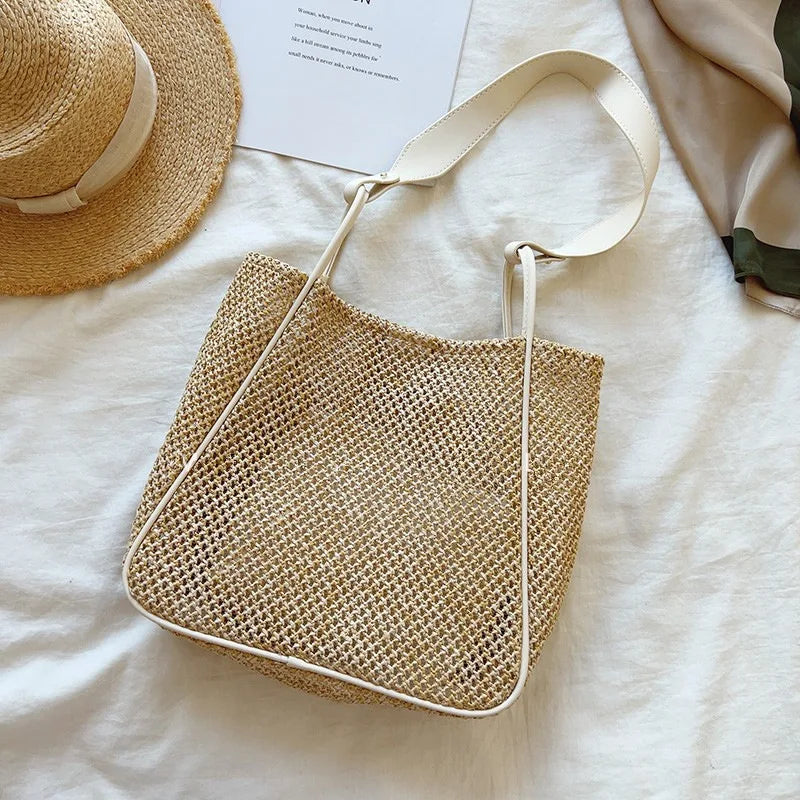 Summer Women's Woven Underarm Bag Bucket Straw Woven Beach Handbag