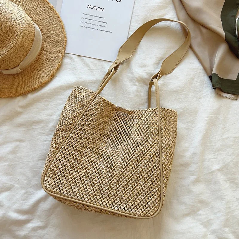 Summer Women's Woven Underarm Bag Bucket Straw Woven Beach Handbag
