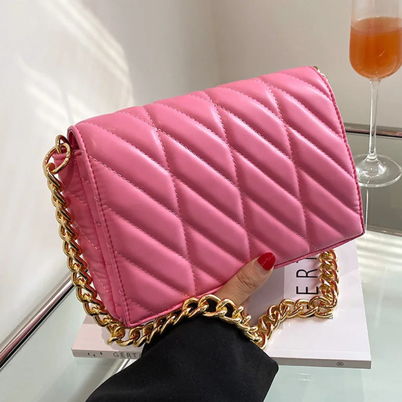Womens Thick Chain Shoulder Bags Pink Green PU Leather Flap Underarm Bags