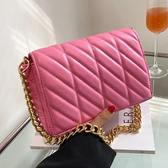 Womens Thick Chain Shoulder Bags Pink Green PU Leather Flap Underarm Bags