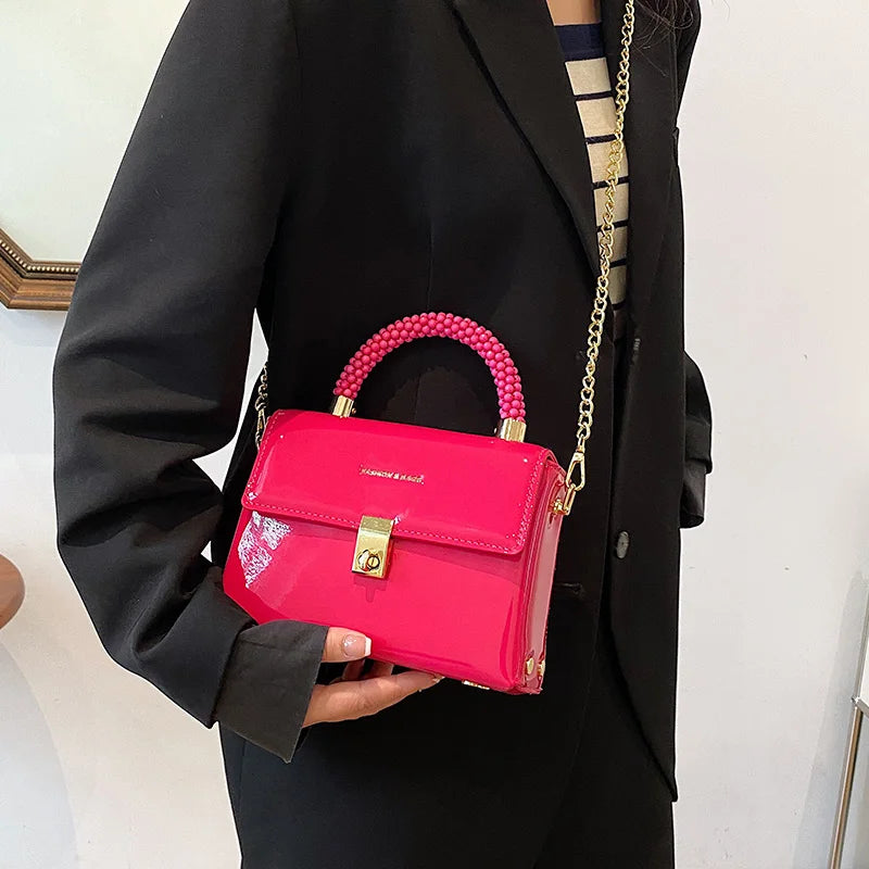 INS Women Chain Crossbody Bags Patent Leather Shoulder Bag Green Messenger Bag