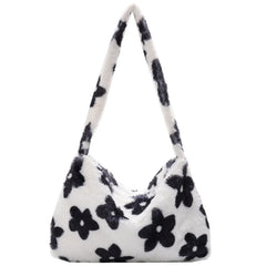 Plush Flower Pattern Shoulder Bags Faux Fur Handbag