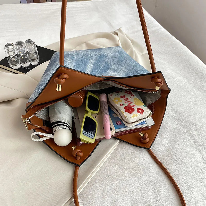 Vintage Women Big Tote Bucket Bag Brown PU Leather Crossbody Bags